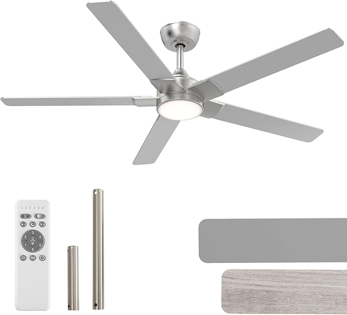 OPONL Ceiling Fan with Light, Ceiling fan with Light and Remote Control, Reversible, 6CCT, Dimmable, Noiseless, Ceiling Fan for Bedroom, Indoor/Outdoor Use, Nickel, 52 inch, Modern