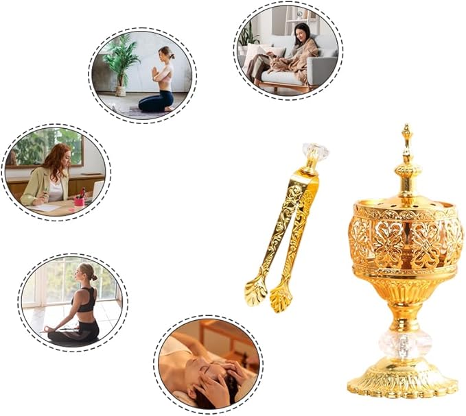 Gold Incense Burner Holder, Arabic Incense Burner with Tongs, Metal Vintage-Incense-Burners, for Aromatherapy Yoga Spa, Home Table Decoration, Ramadan Decorations, Gold