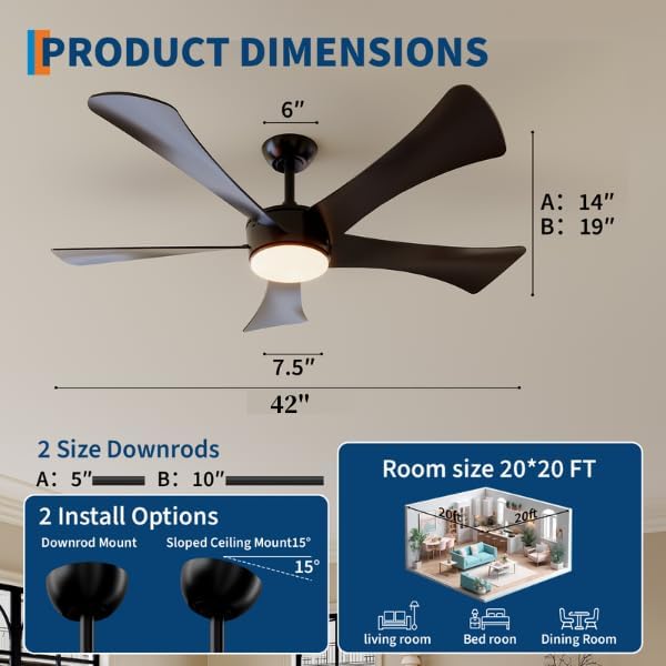 42/52 Inch Black DC Ceiling Fan with Light, 6-Speed Reversible Fan with Remote Control, 24W Dimmable 3-Color LED Light, ABS Blades & 15CM Downrod, Quiet Flush Mount Ceiling Fan Light for Bedroom,Patio
