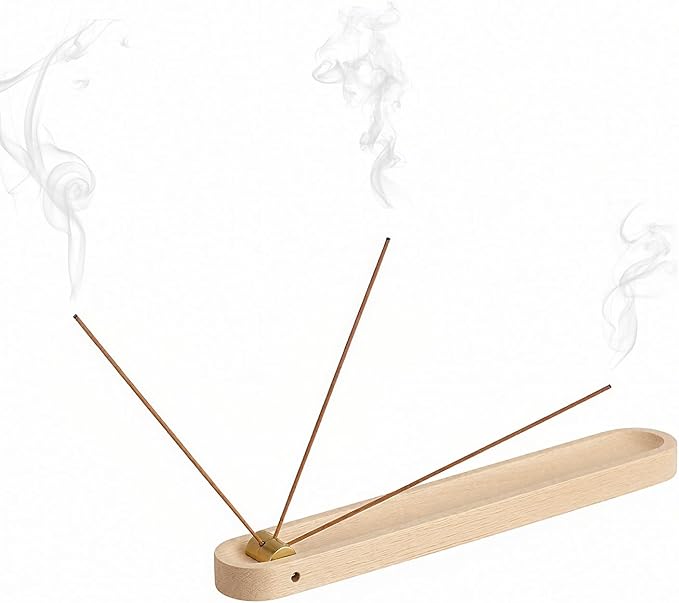 Wood Incense Holder for Sticks with Ash Catcher, 7.2 Inch Brass Incense Burner with 3 Holes, Wooden Incense Stick Holder for Meditation, Yoga, SPA & Home Decor