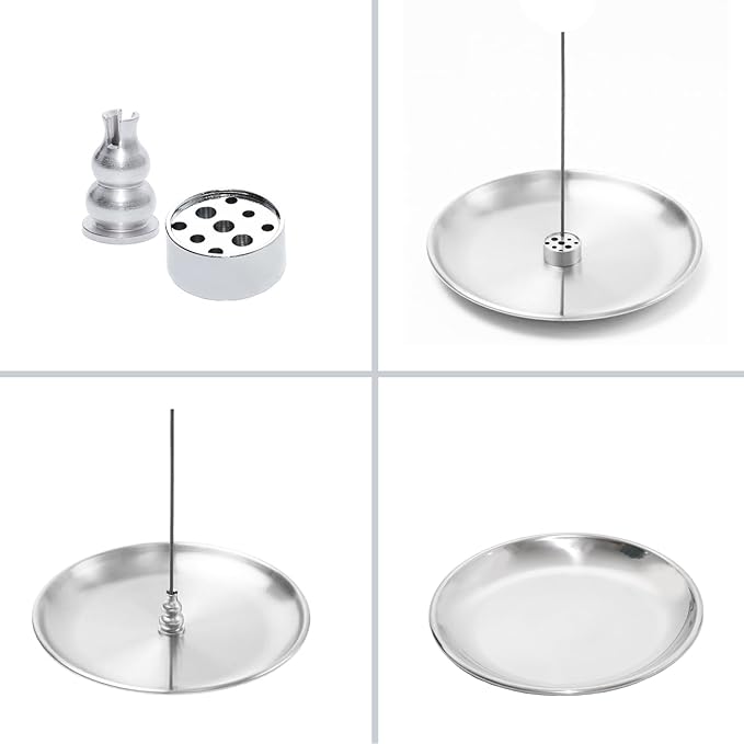 3 in 1 Incense Burner, 5.51 Inch Incense Holder Set for Incense Sticks, Coil Incense and Incense Cones, Multi-Functional, Brass Ash Catcher, Gourd-Shaped Tray（Silver）