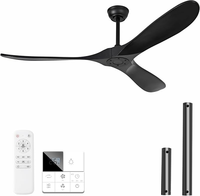 60 Inch Black Ceiling Fan No Light,Living Room Ceiling Fans Without Lights, Modern 3 Blade Quiet Dc Ceiling Fan For Slanted Ceilings, Rustic Wood Ceiling Fans For Gazebo With Wall Control