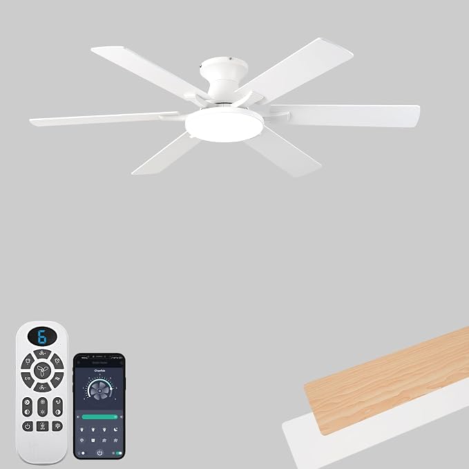Ceiling Fans with Lights,54 Inch Low Profile Ceiling Fan with Light and Remote Control,6 Speeds/6 Blade,Flush Mount,LED Dimmable DC Reversible Modern, White Ceiling Fan for Bedroom/Living Room