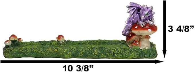 Ebros Gift Purple Baby Hatchling Dragon Perching On Toadstool Mushroom Pasture Greens Incense Burner Holder Figurine 10.25" Long Fantasy Mythical Dungeons and Dragons Home Decorative Accent