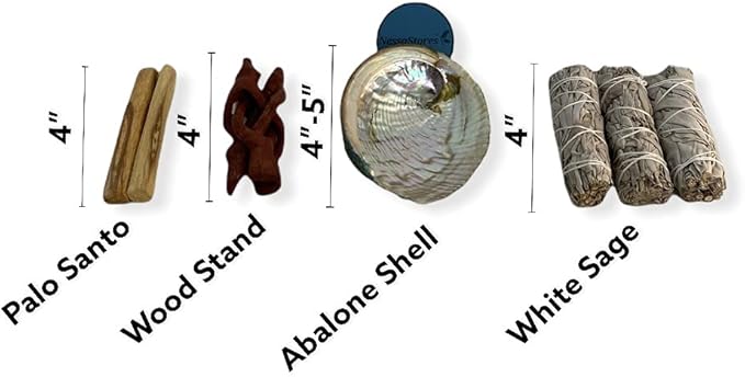 NessaStores 7 pc Sage Smudge Kit with Palo Santo Sticks, White Sage Smudge Sticks, Abalone Shell, & Tripod Stand Stand for Home Cleansing, Stress Relief & Meditation JC-211