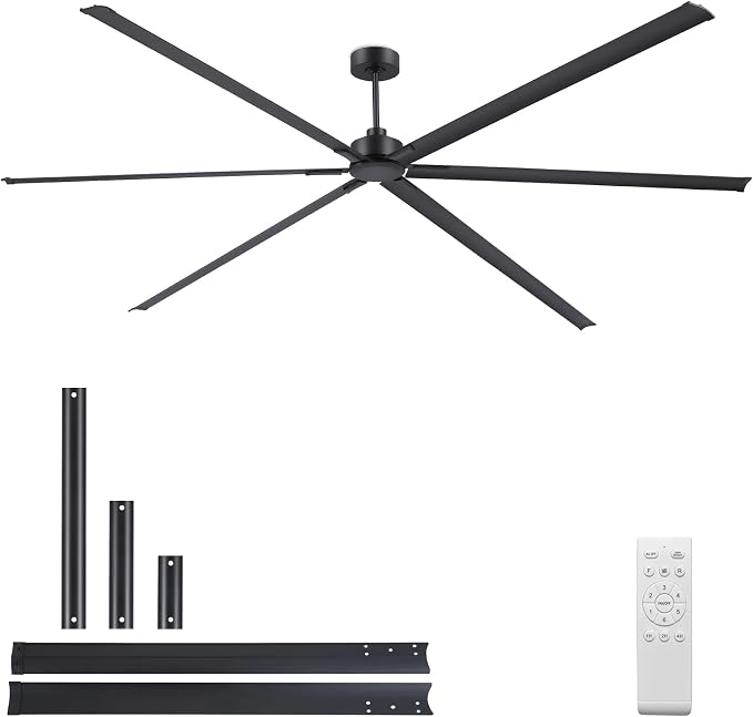 120 Inch Ceiling Fans No Light, Large Industrial Ceiling Fan with 6 Aluminium Blades, Quiet DC Motor, 6 Speeds, Modern Ceiling Fan without Light for Garage/shop/living room,Black