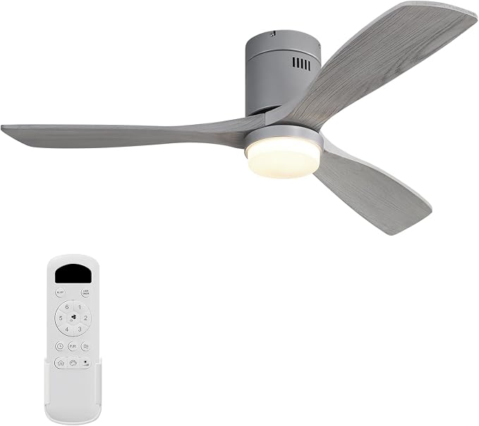 Sofucor 52 Inch Low Profile Ceiling Fans with Light, Modern Flush Mount Solid Wood Ceiling Fan with Airflow 5000CFM, Quiet DC Motor, 6 Speeds, Timer & Reversible for Bedroom Living Room, ETL, Gray
