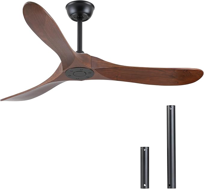 Walnut Wood 52" Ceiling Fan, No Light, 6-Speed, Reversible 3 Blades, Timed Shutdown, Silent DC Motor, for Bedroom, Porch and Living Room