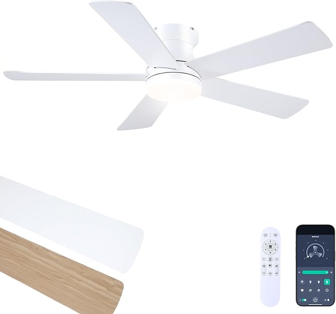Ayaoty 48In Ceiling Fan with Light Flush Mount - White Low Profile Ceiling Fan Light with Remote/APP, 5 Reversible Dual-Sided Blades, Modern Fan Light for Indoor Bedroom, Covered Outdoor