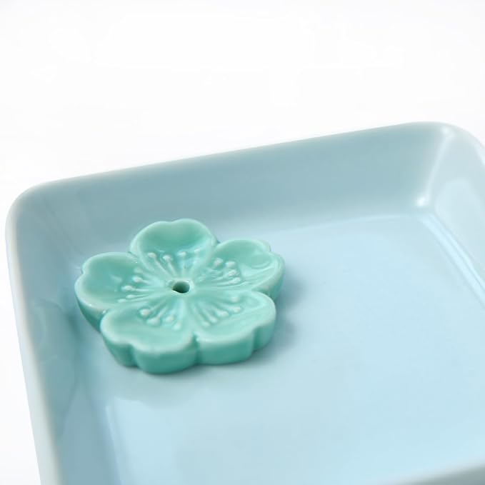 Japanese Ceramic Handmade Cute Cherry Blossom Incense Stick Holder or Incense Burner Holder, Simply Unique Ash Catcher Inscent Tray and Decorative Gift, Home Decor 4.49 inches, Square Blue