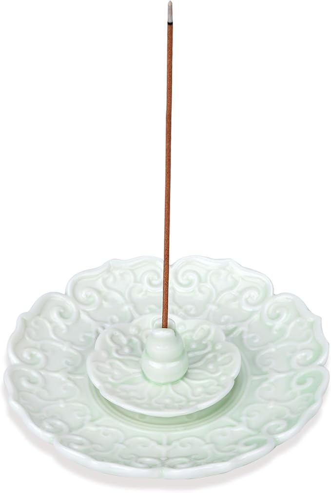 Incense Holder Ceramic Incense Burner Lotus Incense Holder for Sticks Incense Stick Holder Detachable Ash Catcher for Home Decor (Mint Cream)