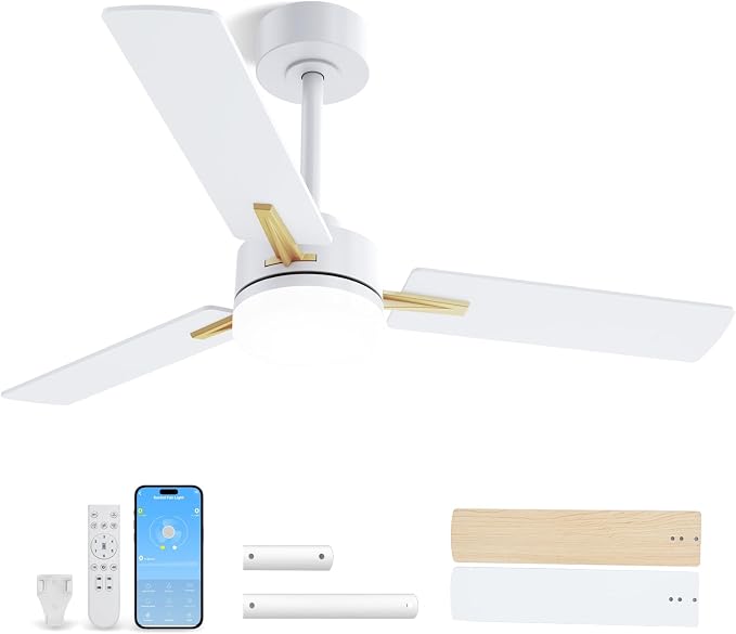 LANMEL 42 Inch Ceiling Fans with Lights, App&Remote Control, Low Profile Modern Ceiling Fan, 6 Speed, Reversible, 3000k-6500k Dimmable LED, Quiet DC Motor for Indoor Outdoor Use, Gold White