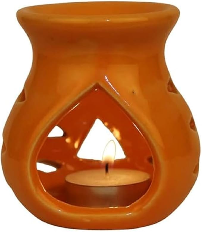 Pure Source India Ceramic Essential Oil Burner Wax Melt Burners |Aromatherapy| Ceramic Oil Diffuser| Candle Tealight Holder (Set of 1) Home Bedroom Decor Christmas Housewarming Gift, Orange