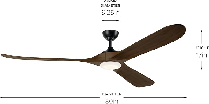 Kichler Mylo 80 in Ceiling Fan with Light, Modern 6-Speed Remote Control Damp Rated Indoor Outdoor Fan with Satin Etched Cased Opal Glass in Satin Black and Aged Walnut Wood Blades, 310580SBK