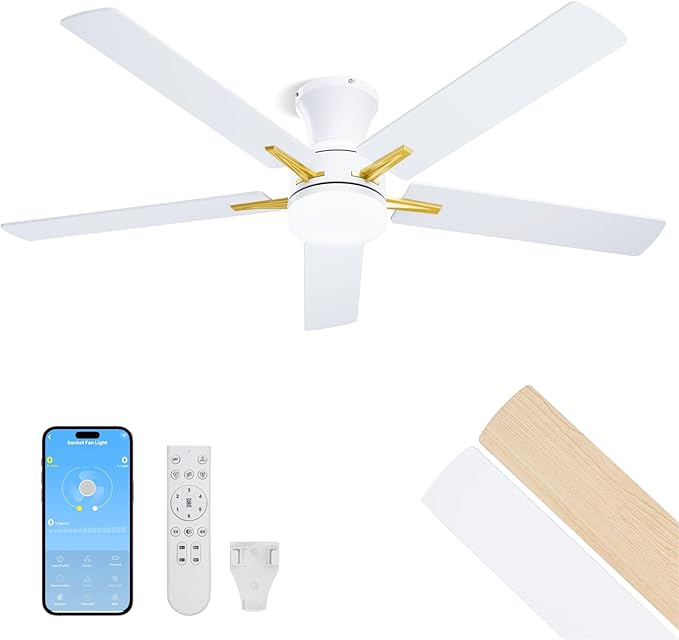 LANMEL 52 Inch Flush Mount Ceiling Fan with Light, App&Remote Control, Low Profile Modern Ceiling Fan, 6 Speed, Reversible, 3000k-6500k Dimmable LED, Quiet DC Motor for Indoor Outdoor, Gold White