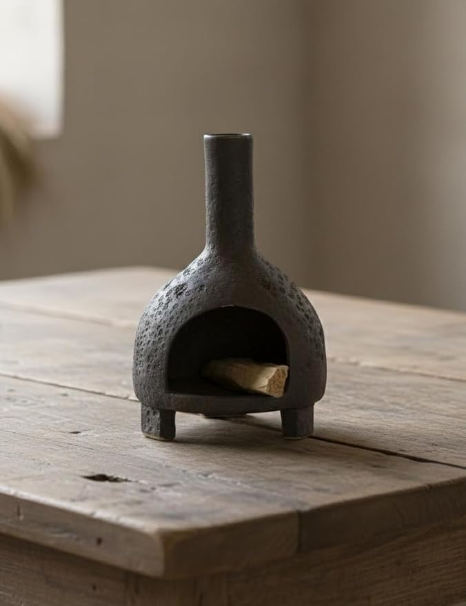 Sculptural Ceramic Incense Holder & Burner, Handmade Textured Clay with Black Glaze, for Sage & Palo Santo, Rustic Natural Decor for Wabi-Sabi Yoga & Meditation