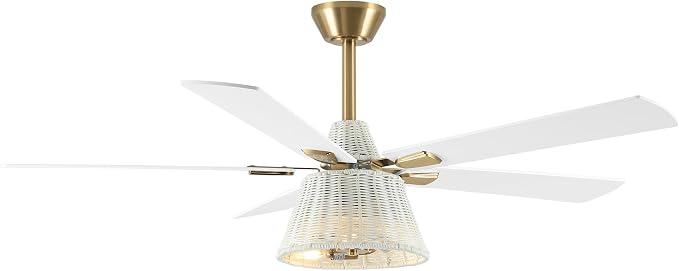 52 Inch Boho Rattan Ceiling Fan with Light and Remote, White Farmhouse Caged Ceiling Fan, 6-Speed Reversible DC Motor, Quiet Flush Mount Ceiling Fan for Bedroom Living Room Patio Indoor Outdoor