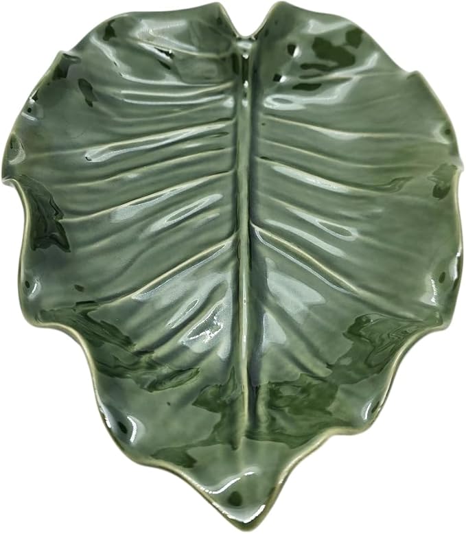 9½" Green Philodendron Leaf Shaped Tray - Handmade Ceramic Porcelain Decorative Plate Dish Catchall Miniature Container for Jewelry Personal Items Incense Holders Trays Décor Gifts