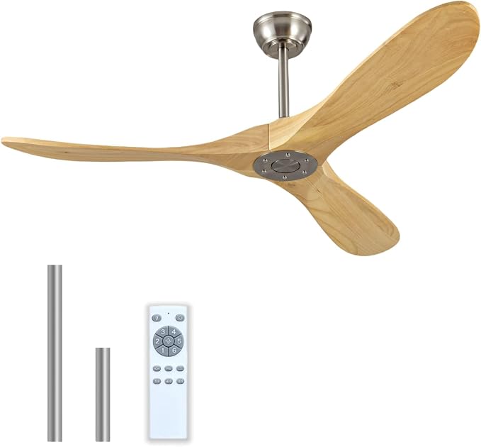 52 Inch Ceiling Fan No Light,Solid Wood Ceiling Fan Without Light, 3 Wood Blades 6 Speeds Smart Timing Reversible DC Motor, Modern Fans for Indoor Outdoor Farmhouse Patios