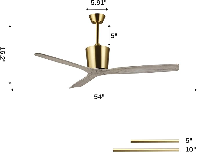 54” Modern Ceiling Fan with Downrod, Gold Plated Finish, Solid Wood Blades, Quiet 6-Speed DC Motor, Reversible Airflow, Remote Control, Timer & Memory Function, ETL Listed