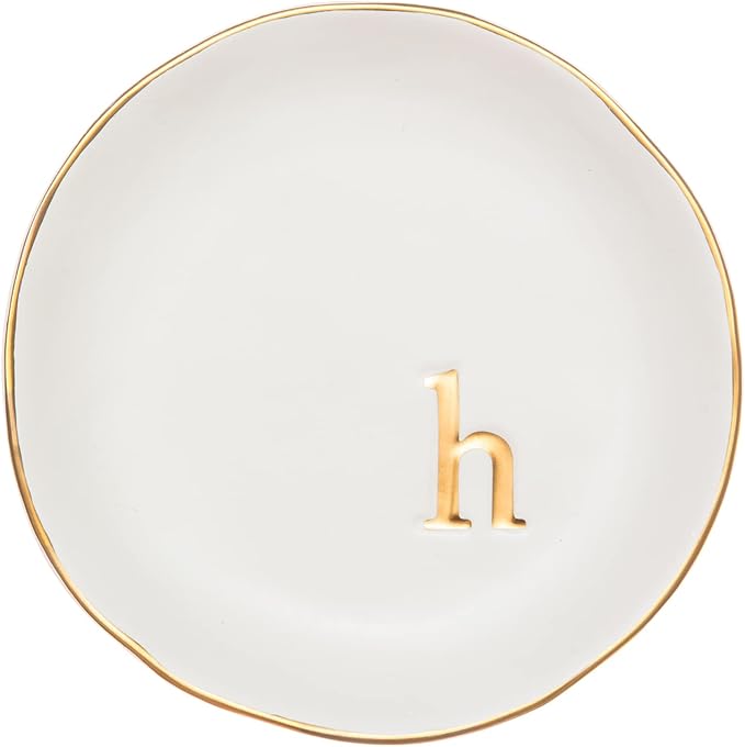 COLLECTIVE HOME Ceramic Jewelry Tray, Trinket Dish, Gifts for Women (H) | Mother's Day, Birthday, Christmas, Engagement Gifts, Vanity, Nightstand Decor, Embossed Gold Monogram Ring Dish with Gift Box