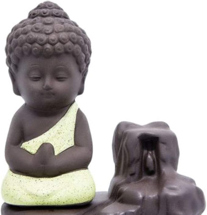 Incense Burner Smoke Waterfall Backflow Holder Ceramics Porcelain Buddha Little Monk Tower Cones Sticks Ash Catcher(Yellow)