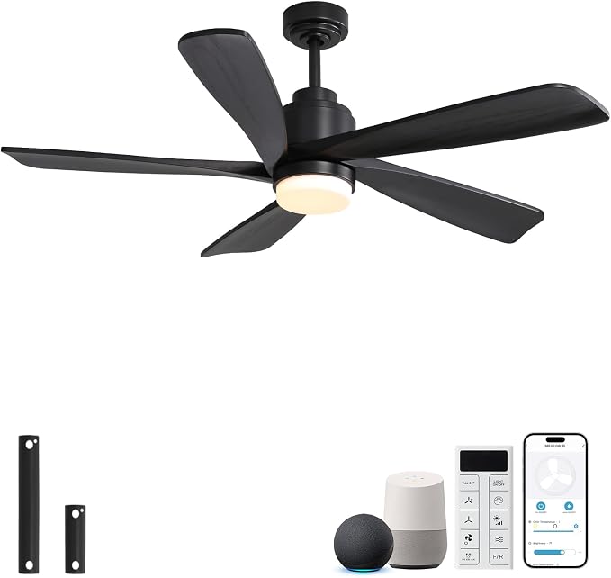 Sofucor Ceiling Fan with Lights and Remote, 52 Inch Modern Wood Ceiling Fan for Indoor Farmhouse Bedroom Living Room Outdoor Patio Porch (Black, 52 inch)