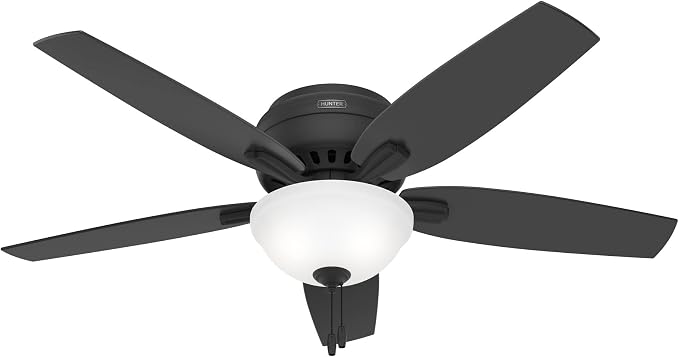 Hunter 52 inch Indoor Ceiling Fan with LED Light - Black Ceiling Fan with Pull Chain, For Bedroom or Living Room, Low Profile Flush Mount, 5 Blades, Includes Bulbs - Newsome 52396, Matte Black | Low Profile Flush Mount, Pull Chain, 5 Blades, For Bedroo...