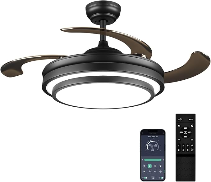 36 Inche Modern Black Ceiling Fan with Dimmable LED Light, Retractable Celing Fan with APP/Remote Control, 6 Speed,for Bedroom Live Room