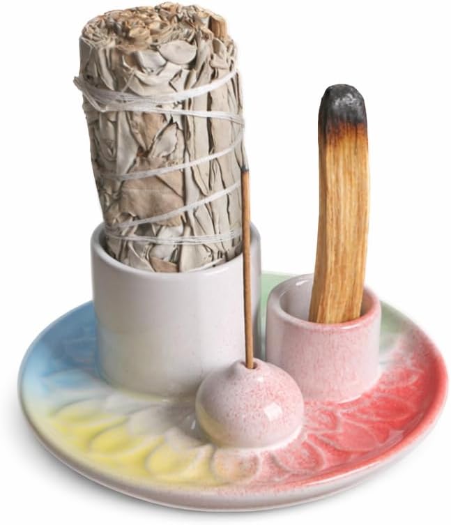Palo Santo Sticks Holder, Multi-Purpose Handmade Ceramic Incense Burner for Palo Santo Incense Sticks, Sage Holder for Burning, Ash Catcher Tray for Meditation Yoga Room-4 Mixed Colors