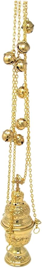 Needzo High Polished Brass Hanging Incense Burner Censer with Bells, 8 Inch