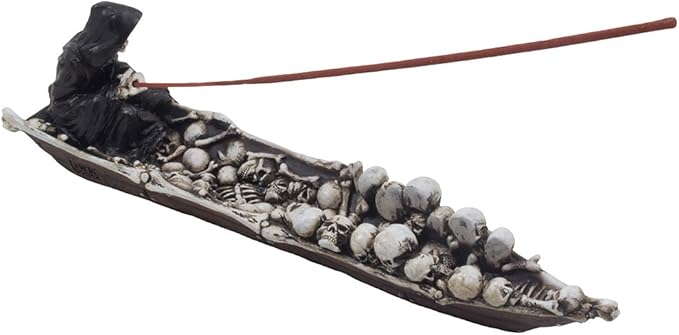 Home 'n Gifts Spooky Grim Reaper in Fishing Boat of Skulls Decorative Incense Holder for Scary Halloween Decorations or Gothic Home Decor Incense Burners and Aromatherapy, Multicolor