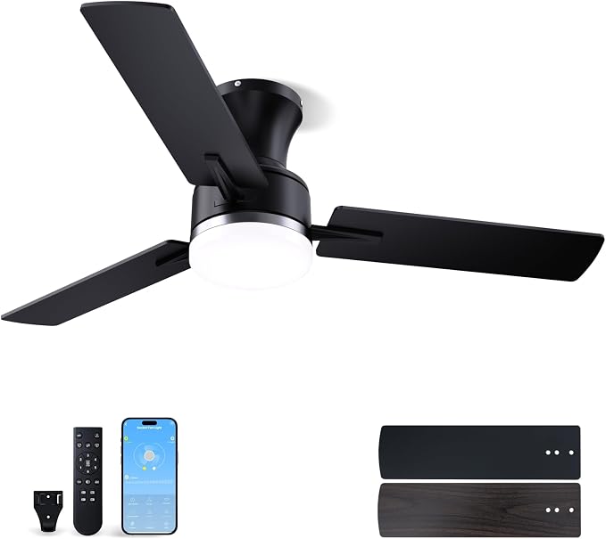LANMEL 42 Inch Flush Mount Ceiling Fan with Light, App&Remote Control, Low Profile Modern Ceiling Fan, 6 Speed, Reversible, 3000k-6500k Dimmable LED, Quiet DC Motor for Indoor Outdoor, Silver Black