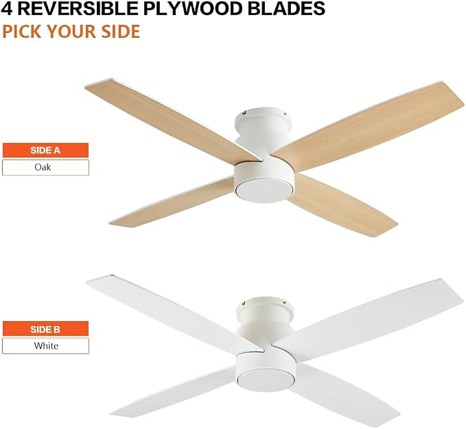 WINGBO 52" Flush Mount DC Ceiling Fan without Lights, 4 Reversible Blades, Ultra Quiet 6-Speed DC Motor, Hugger Low Profile Indoor Ceiling Fan No Lights, White Finish
