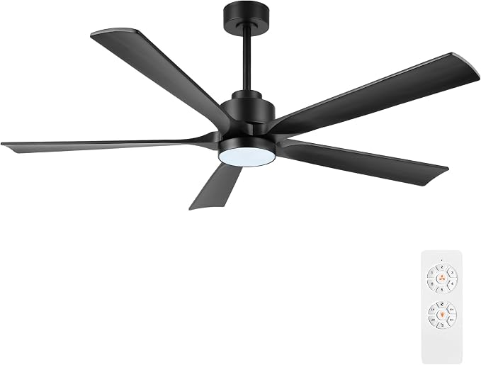 ELEHINSER 52" Modern Ceiling Fan with Light and Remote Control, 5 Solid Wood Blades 6-Speed Noiseless Reversible DC Motor, Ceiling Fan for Bedroom Dinning Living Room, Black