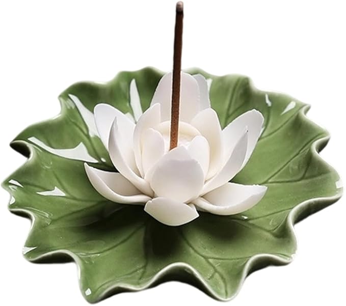 CREATCABIN Lotus Incense Burner Holder Stick Ceramic Detachable Ash Catcher Lotus Leaf Incense Burners Tray for Sticks Home Yoga Teahouse Zen Buddhist Altar Purify Spiritual Supplies White 3.54 Inch