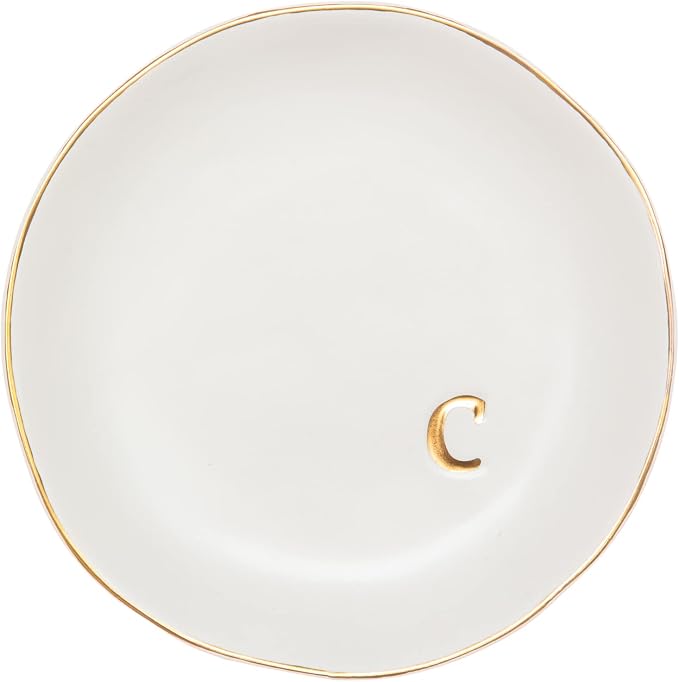 COLLECTIVE HOME Ceramic Jewelry Tray, Trinket Dish, Gifts for Women (C) | Mother's Day, Birthday, Christmas, Engagement Gifts, Vanity, Nightstand Decor, Embossed Gold Monogram Ring Dish with Gift Box