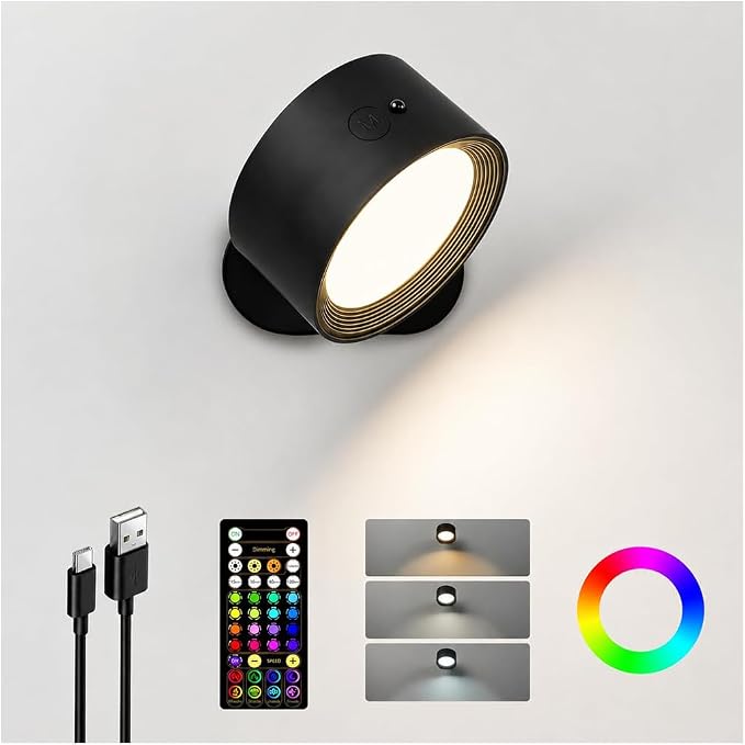LED Wall Mounted Lights, Rechargeable Wall Sconces, 3 Color Temps, Remote & Touch, 360° Rotating and Dimmable for Bedroom, Bedside & Reading (Black-RGB, 1 Pack)