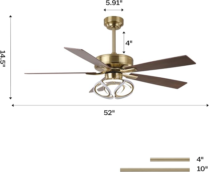 52 Inch Gold Ceiling Fans with Lights and Remote/APP, RGB Color Changing LED Lighting Ceiling Fan, Modern Indoor Luxury White and Gold Ceiling Fan for Living Room, Bedroom, 3CCT, 6 Speeds