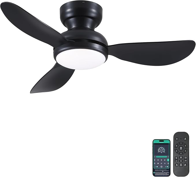 Kviflon 36 Inch Flush Mount Ceiling Fan with Light, 3 Reversible Blades, Remote & APP Control, 3 CCT Dimmable for Bedroom Living Room, Black