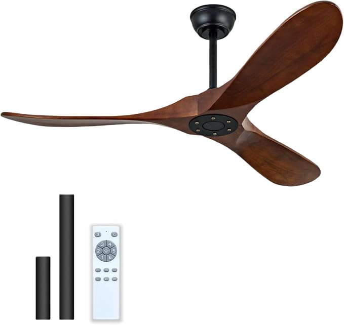52 Inch Solid Wood Ceiling Fan, 3 Blades, Reversible DC Motor, Ultra Silent Dark Walnut Lampless Ceiling Fan for Living Room, Bedroom, Dining Area, Outdoor Patio(Dark Walnut, 52 inch)