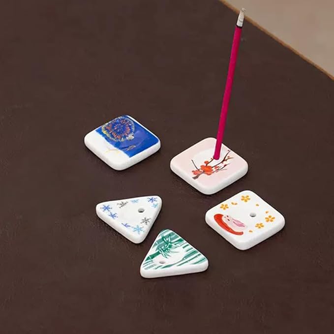 Set of 5, Mini Rabbit/Snowflake/Plum Blossom/Fireworks/Bamboo Triangle Japanese Ceramic Handmade Cute Incense Stick Holder, Unique Ash Catcher Inscent Tray and Decorative Gift, Home Decor 1.49 inch
