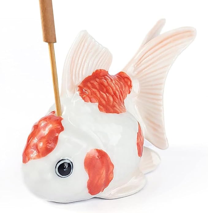 WitnyStore Tiny 2½" White Orange Oranda Goldfish Incense Holder Figurine - Miniature Hand Made Ceramic Ryukin Fantail Gold Fish Aquarium Animal Cute Porcelain Decorative Collectible Figure Décor Gifts