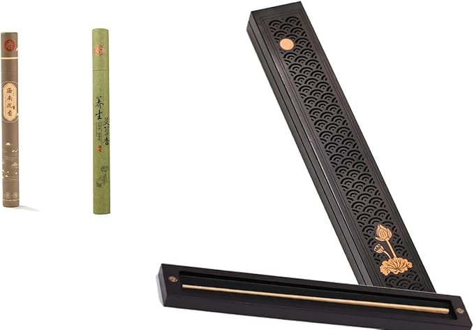 Seedlink Chinese Incense Holder for Sticks with Ash Catcher - Wooden Incense Burner Box with Storage, Ceramic Lined, Anti-Ash, for Meditation, Yoga, Home Decor (Black - Lotus Flower)