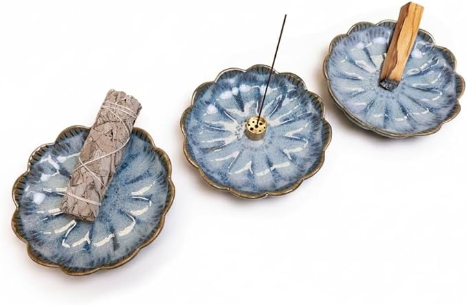 Pinehaven Incense Holder and Burner, Japanese Ceramic Incense Stick Holder with Ash Catcher, 5.5 Inch Blue Tray, Solid Brass 9-Hole Insert for Palo Santo, Sage, Zen Meditation Home Decor