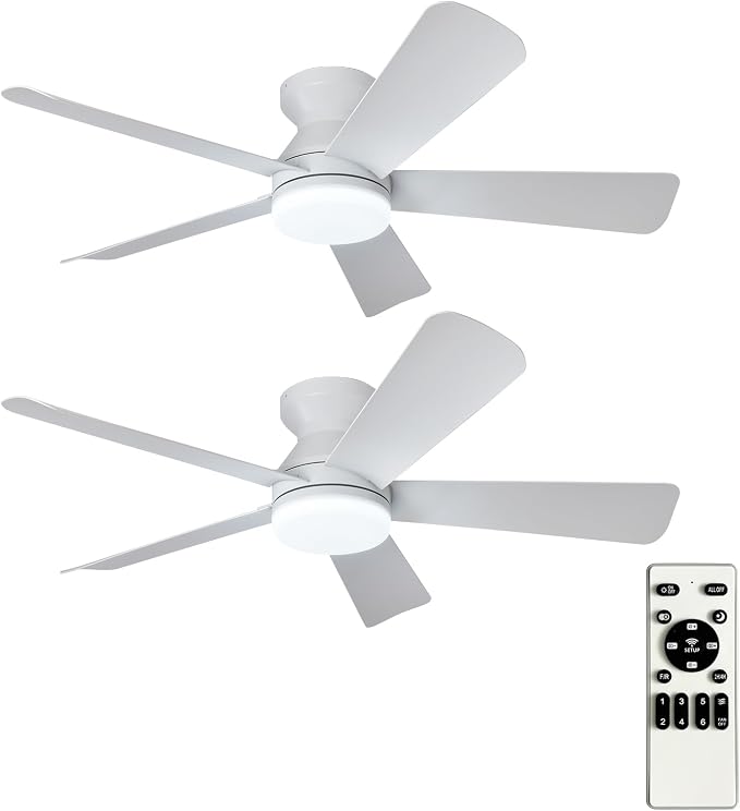 Depuley 42-Inch Ceiling Fans with Lights: Flush Mount Ceiling Fan with Remote Control Indoor/Outdoor - White 5 Blade Low Profile Fandelier for Kitchen Gazebo - Reversible Quiet Timer - 2 Packs