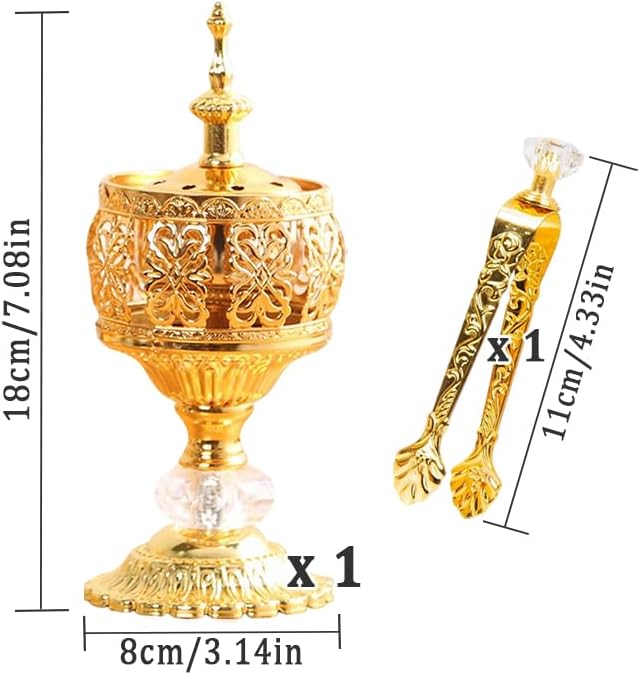 Gold Incense Burner Holder, Arabic Incense Burner with Tongs, Metal Vintage-Incense-Burners, for Aromatherapy Yoga Spa, Home Table Decoration, Ramadan Decorations, Gold