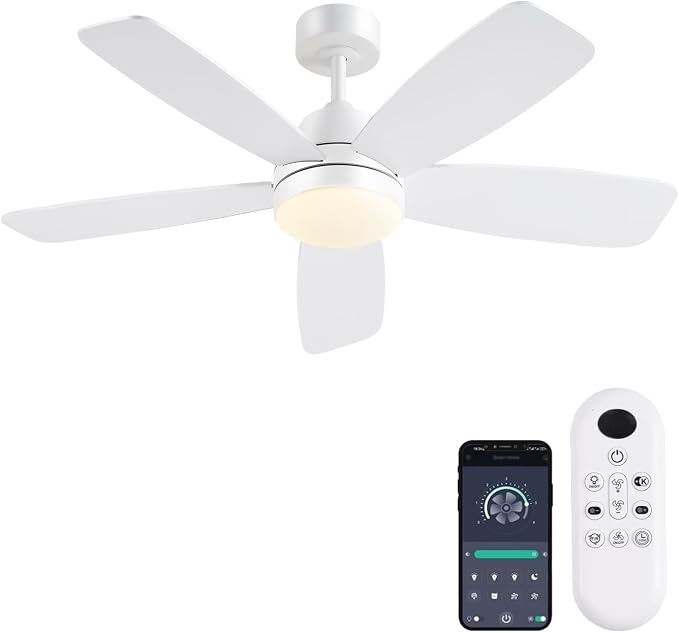 GJeg Ceiling Fans with Lights, 42 Inch Low Profile Ceiling Fan with Lights and Remote Control, LED Dimmable DC Reversible, 8 Speed, Noiseless, Modern White Ceiling Fan for Bedroom, Indoor/Outdoor Use