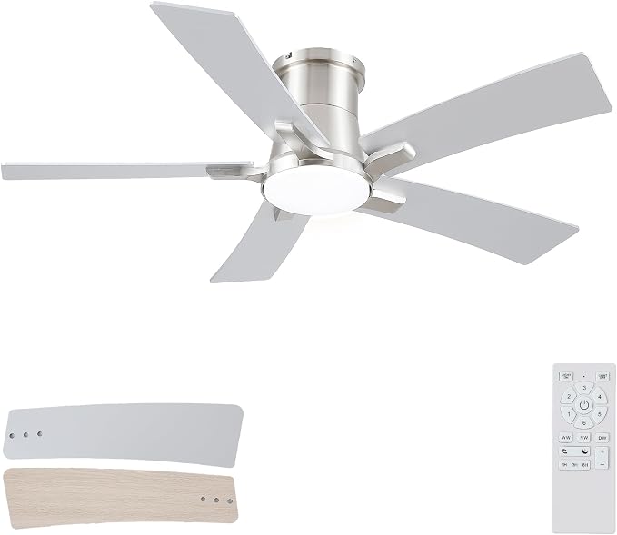 46 Inch Brushed Nickel Flush Mount Ceiling Fans with Lights and Remote | 3CCT Dimmable LED, 6 Speed, Quiet DC Motor, 3-Level Timer Function, Forward/Reserve For all Seasons, Indoor/Covered Outdoor