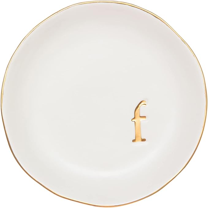 COLLECTIVE HOME Ceramic Jewelry Tray, Trinket Dish, Gifts for Women (F) | Mother's Day, Birthday, Christmas, Engagement Gifts, Vanity, Nightstand Decor, Embossed Gold Monogram Ring Dish with Gift Box